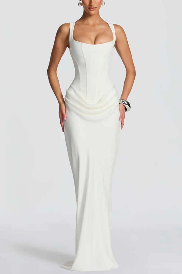 Éléonore Maxikleid in Weiß mit eckigem Ausschnitt