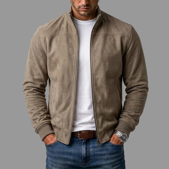Blouson in Wildlederoptik mit Stehkragen und Rippbündchen, Farbe Taupe