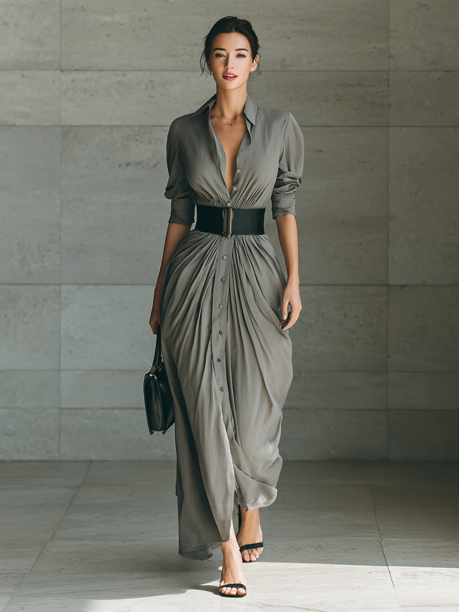 Zéphyrine plissiertes Maxikleid in Grau, Seitenansicht