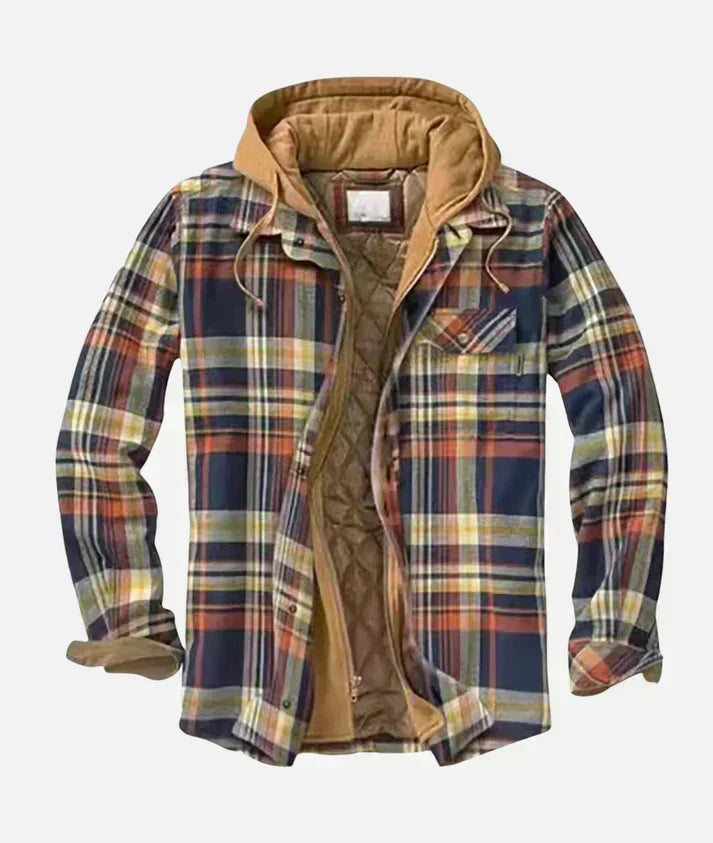 Hemdjacke mit Steppfutter und Kapuze in Kontrast-Camel, Farbe Marineblau-Orange