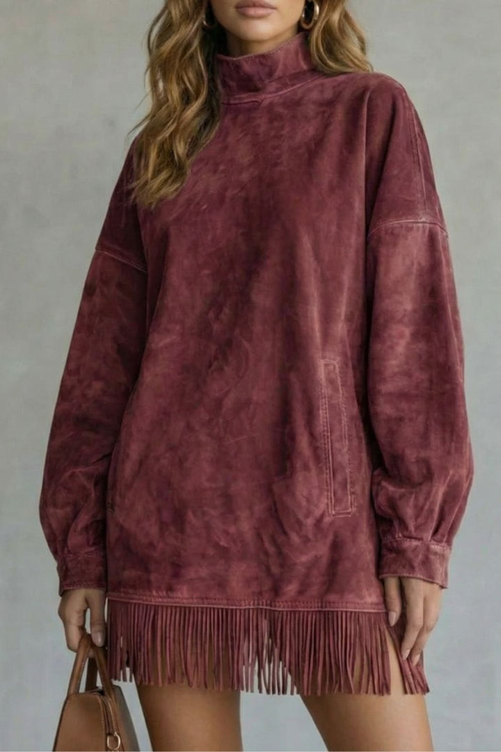 Viretta Oversized Minikleid in Wildlederoptik in Bordeaux mit Fransensaum