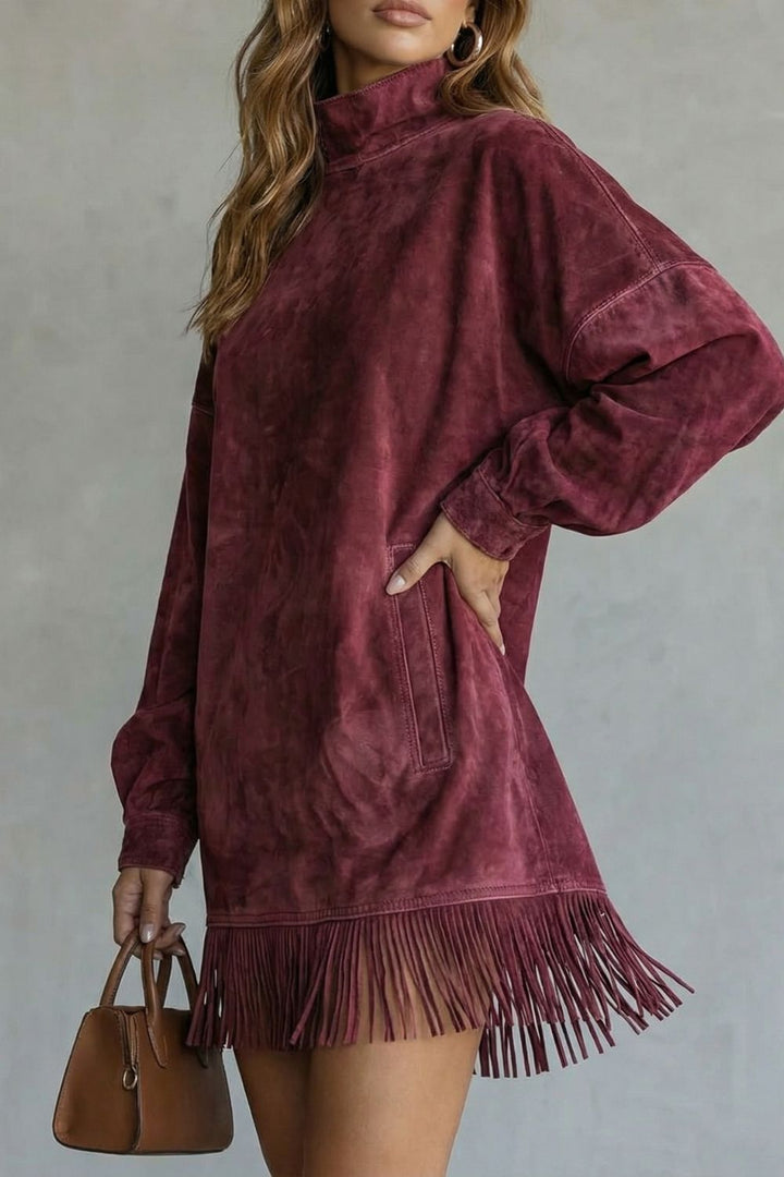 Viretta Minikleid in Bordeaux in der Seitenansicht mit Fransensaum