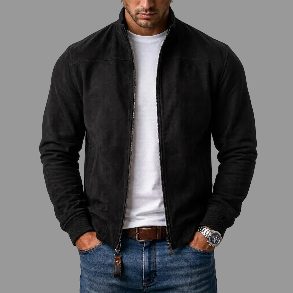 Blouson in Wildlederoptik mit Stehkragen und Rippbündchen, Farbe Schwarz