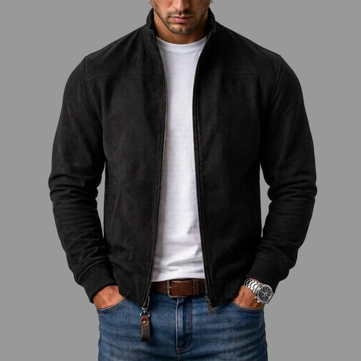 Blouson in Wildlederoptik mit Stehkragen und Rippbündchen, Farbe Schwarz