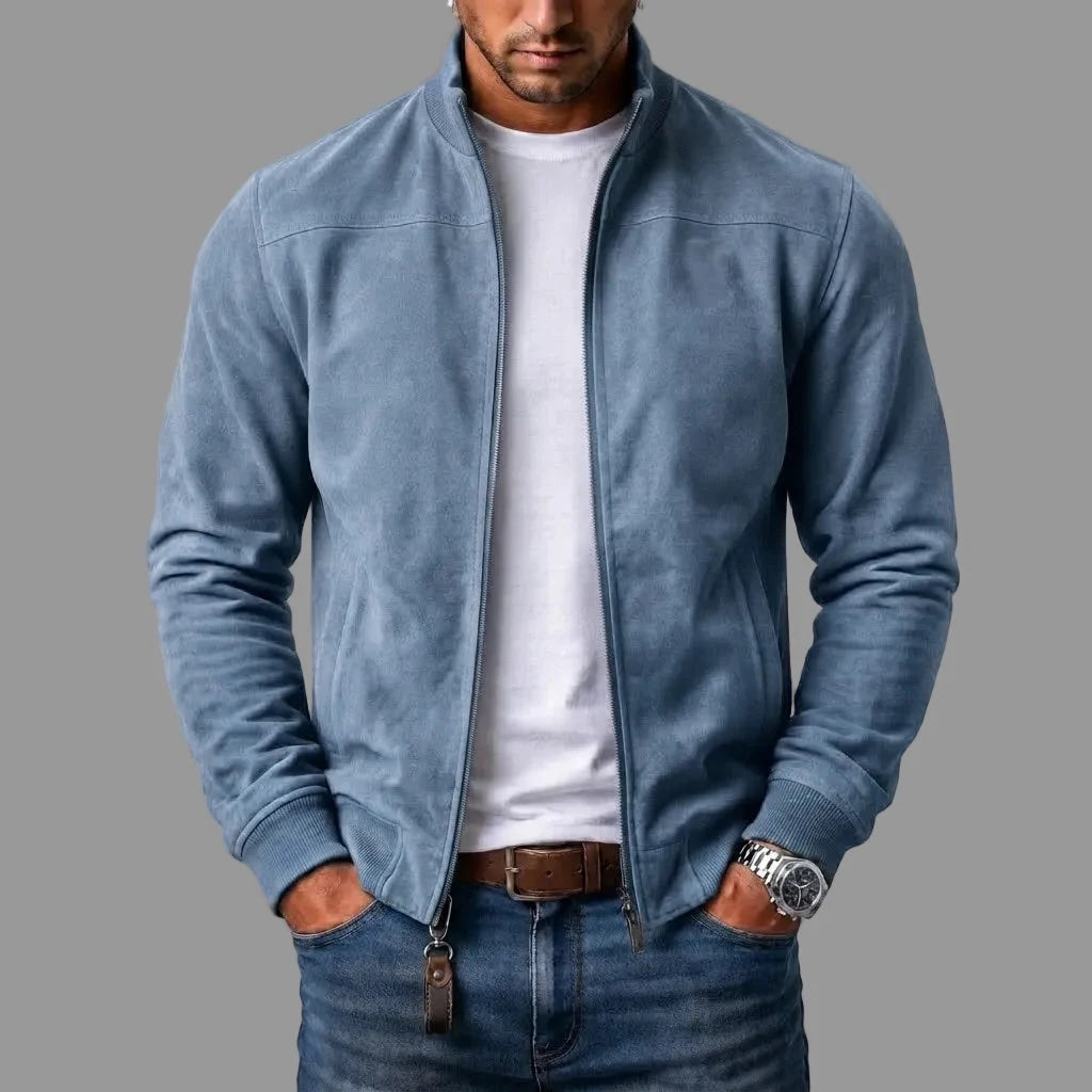 Blouson in Wildlederoptik mit Stehkragen und Rippbündchen, Farbe Rauchblau