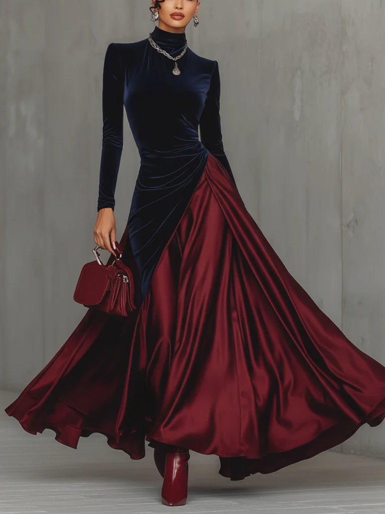 Lucrèce Maxikleid mit marineblauem Samtoberteil und bordeauxrotem Satinrock