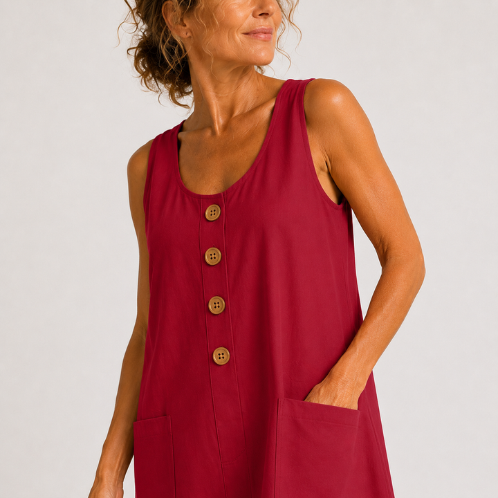 Emilia Leinenmix-Kleid in Weinrot – Knopfleiste und aufgesetzte Taschen