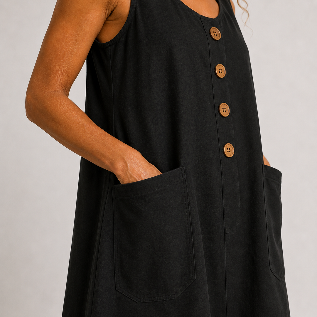 Emilia Leinenmix-Kleid in Schwarz – Detailansicht Taschen
