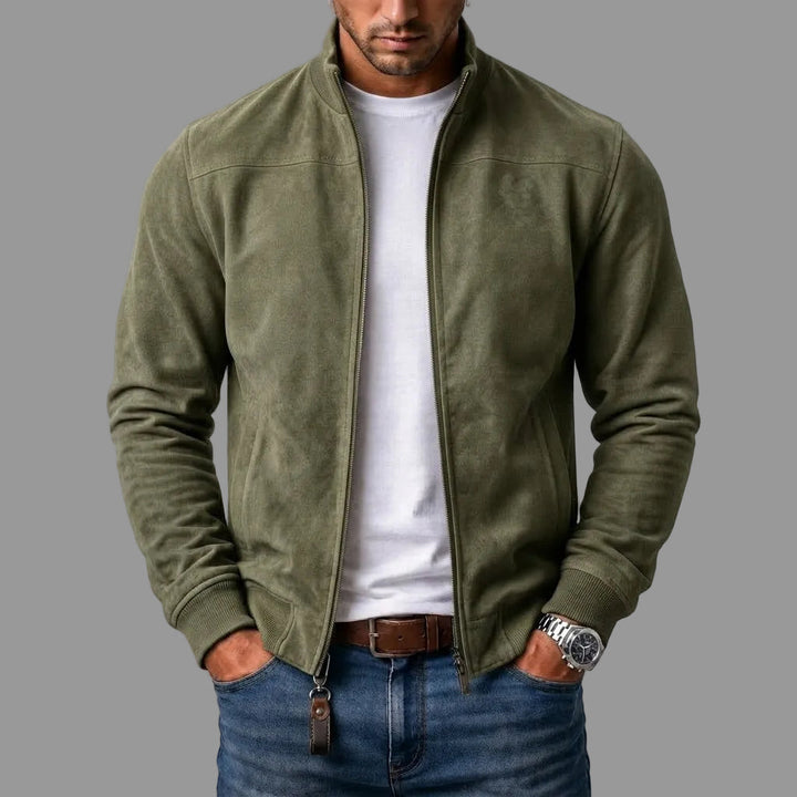 Blouson in Wildlederoptik mit Stehkragen und Rippbündchen, Farbe Olivgrün