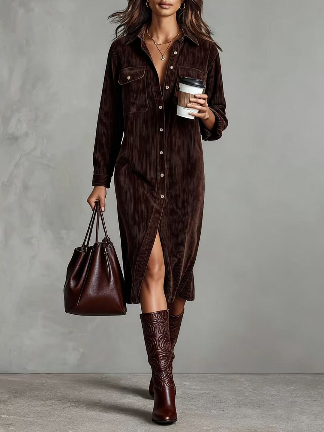 Ruby Cord-Hemdblusenkleid in Kaffee, Vorderansicht mit Hemdkragen