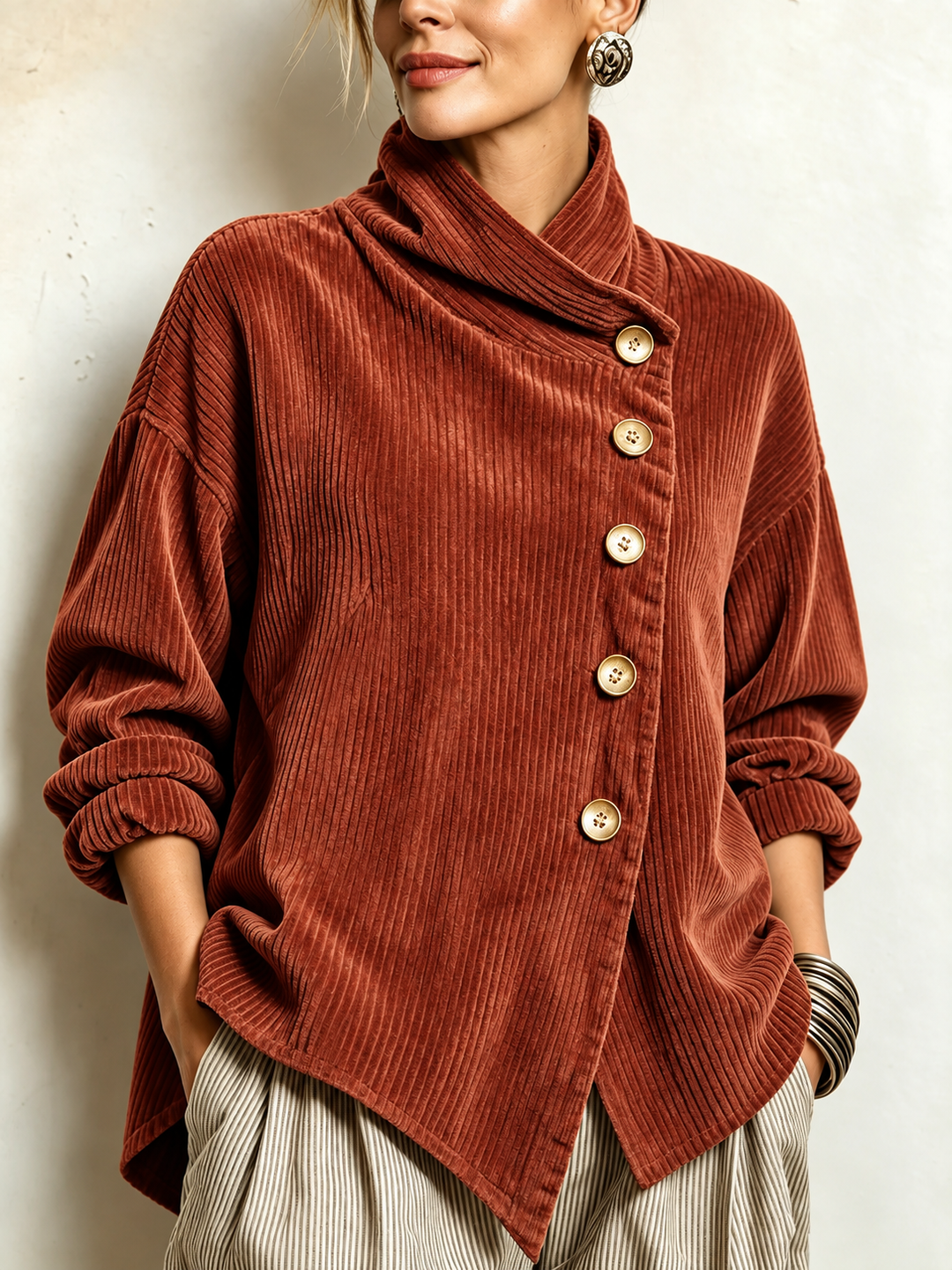 Olivia™ Cord-Bluse mit Wickelkragen in Terrakotta, am Model