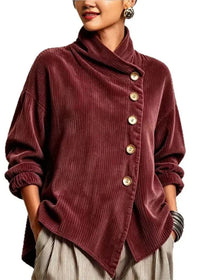 Olivia™ | Cord-Bluse mit Wickelkragen und schräger Knopfleiste in Bordeaux