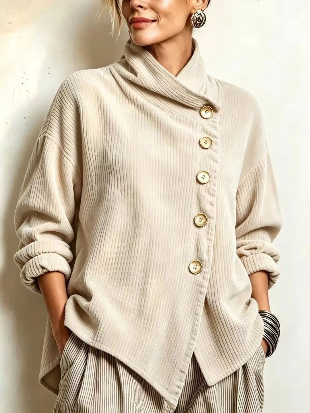 Olivia™ Cord-Bluse mit Wickelkragen in Creme, am Model
