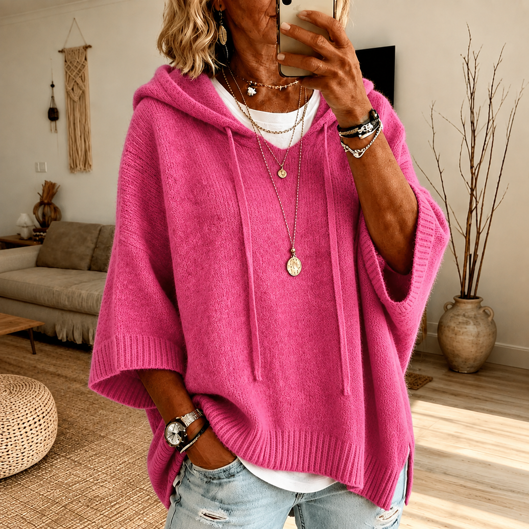 Chloe™ Kapuzen-Poncho-Pullover in Pink, am Model