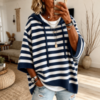 Marine™ | Gestreifter Kapuzen-Poncho-Pullover in Marineblau-Weiß