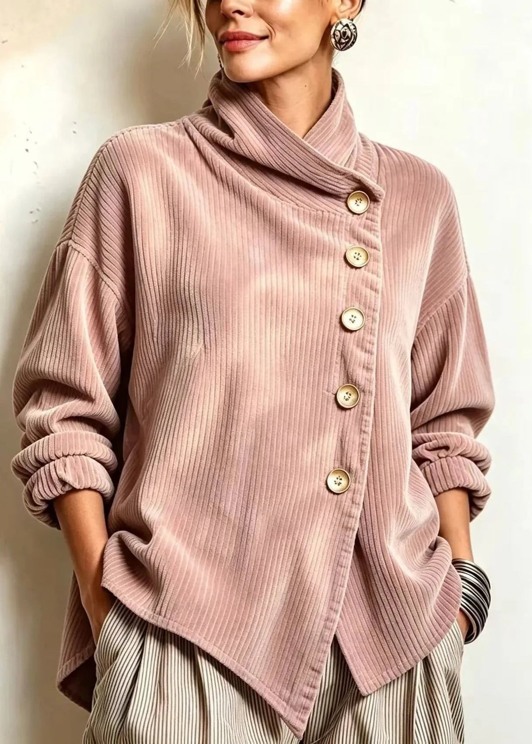 Olivia™ Cord-Bluse mit Wickelkragen in Altrosa, am Model