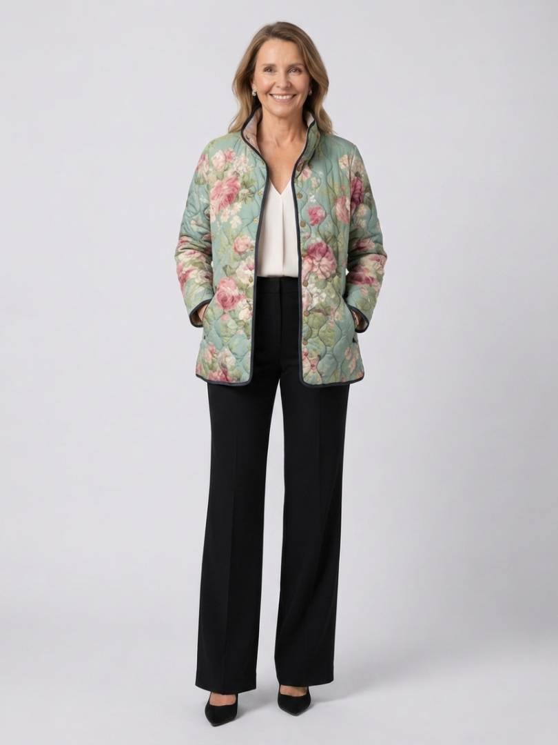 Claire™ Steppjacke in Salbeigrün mit großen Rosen, am Model