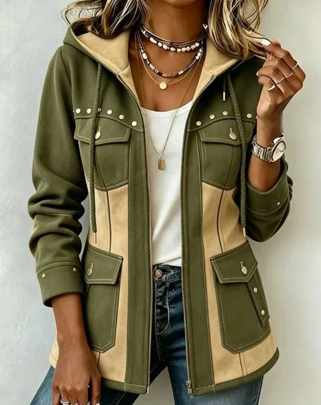 Véronique™ Kapuzenjacke in Olivgrün/Beige