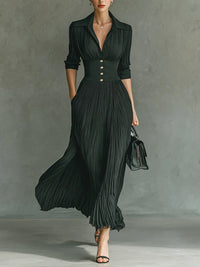 Elvire™ | Plissiertes Maxikleid mit Reverskragen und hoher Taille