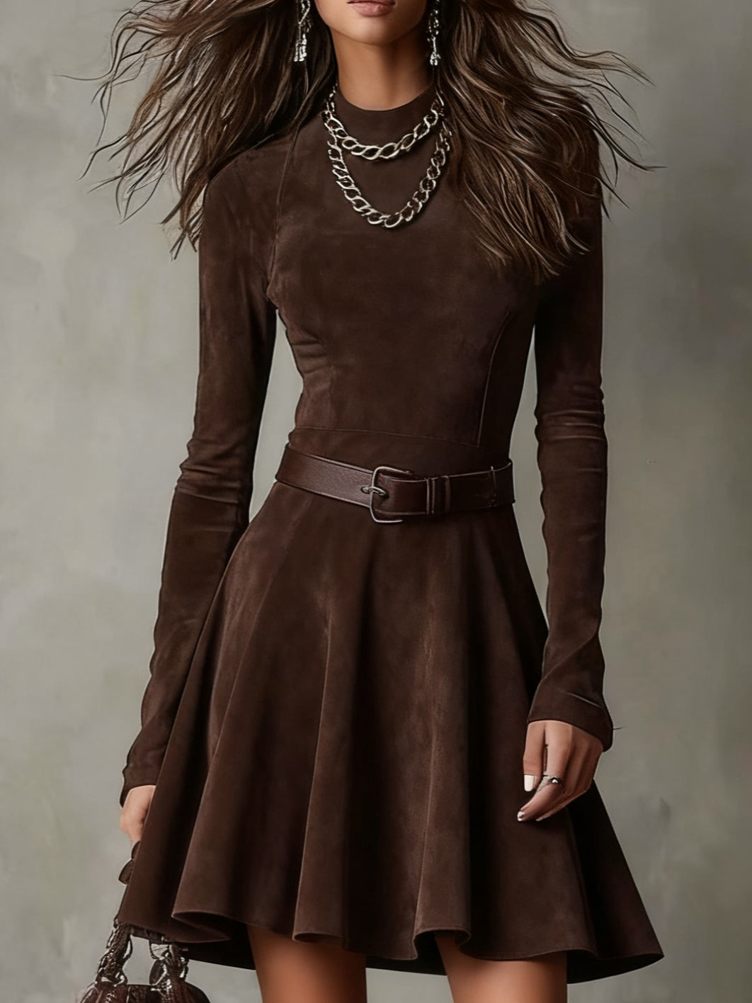 Lily Minikleid in Wildlederoptik in Dunkelbraun – Detailansicht von Oberteil, Taille und Rock
