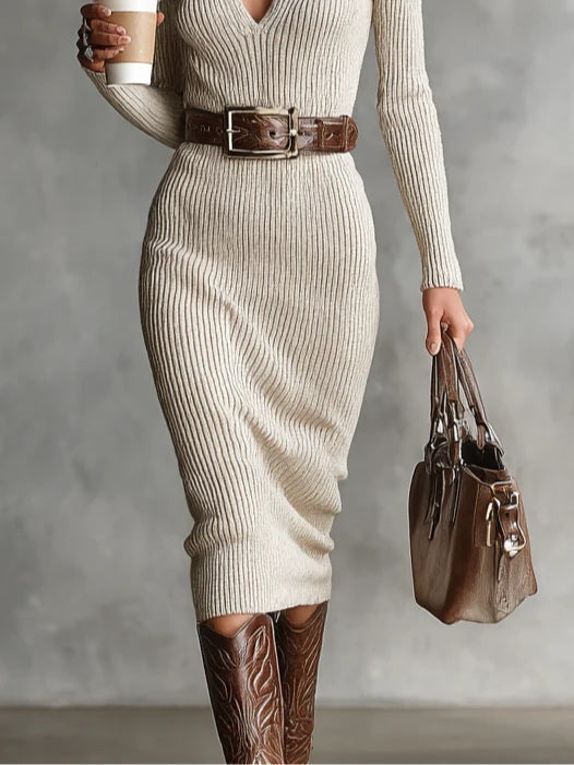 Adele Ripp-Strickkleid in Beige – Detail der Rippstruktur und der Midilänge