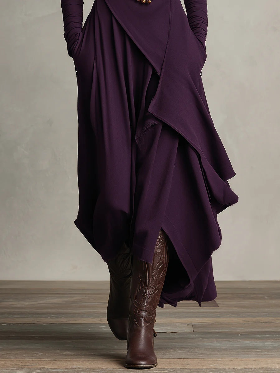 Vivienne Maxikleid in Lila – Detailansicht des asymmetrisch drapierten Saums
