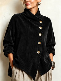 Olivia™ | Cord-Bluse mit Wickelkragen und schräger Knopfleiste in Schwarz