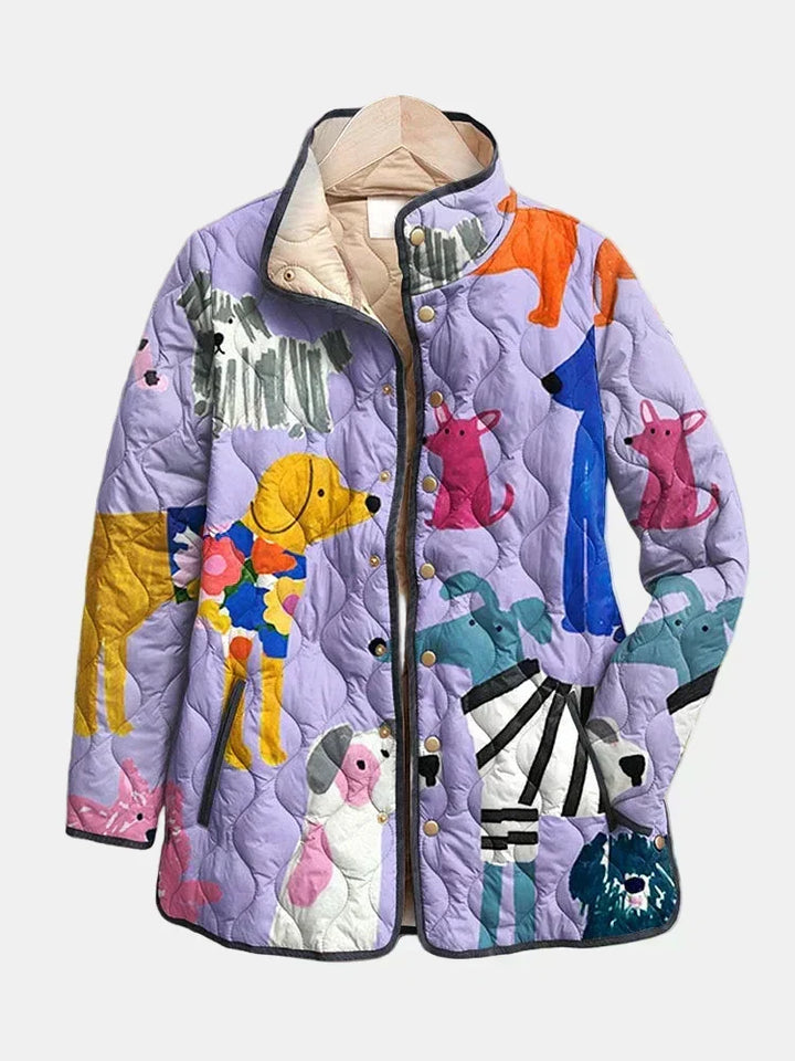 Michèle™ Steppjacke in Flieder mit Hundemotiven, Vorderansicht