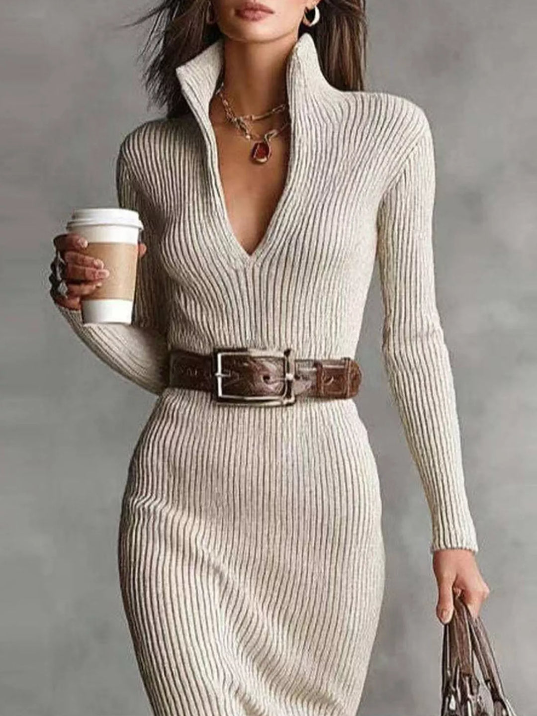 Isabella Rippstrick-Midi-Kleid in Beige, Detailansicht von Stehkragen, V-Ausschnitt und Rippstruktur