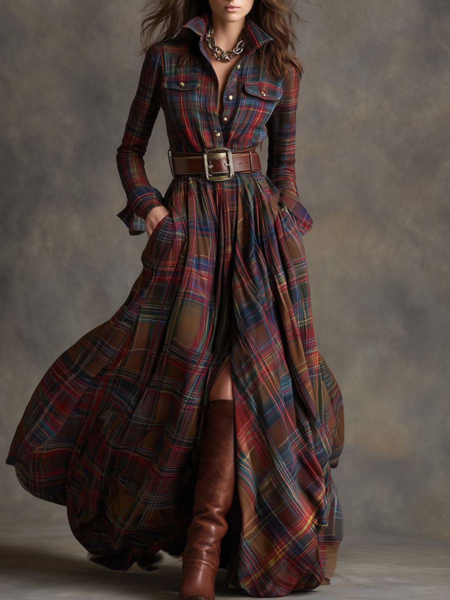 Evelyn Hemdblusenkleid in Rötlich Braun kariert, Vorderansicht