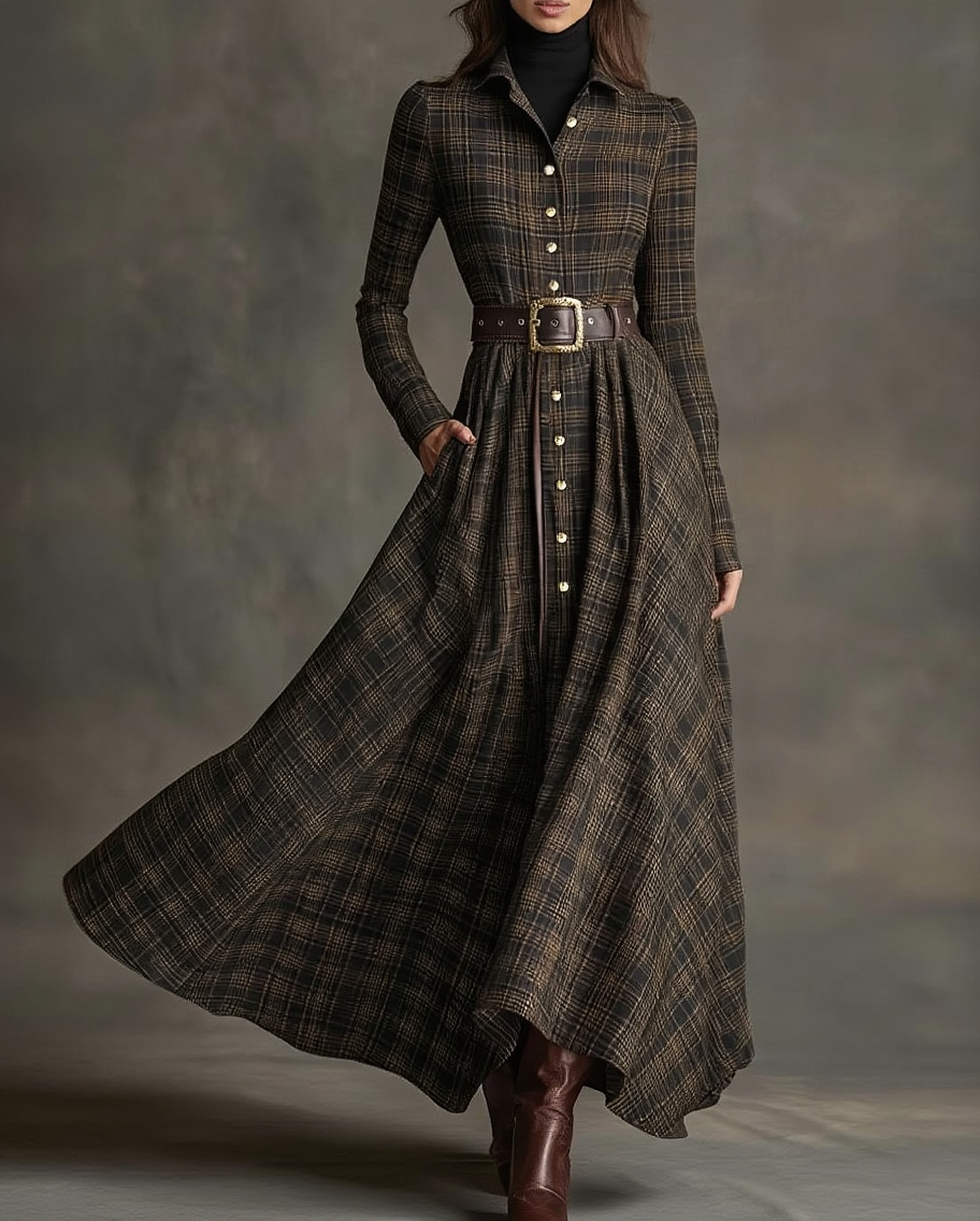 Rosalie Karo-Maxikleid in Braun im Hemdblusenschnitt, Vorderansicht in ganzer Länge