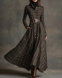 Rosalie™ | Braunes Karo-Maxikleid im Hemdblusenschnitt