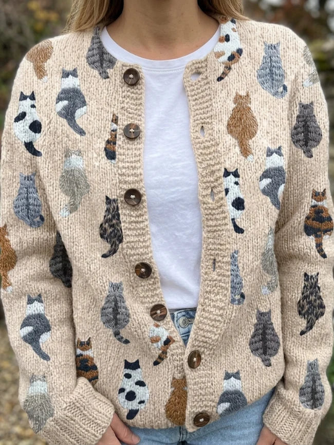 Charlotte™ Strickjacke in Beige mit Katzenmuster