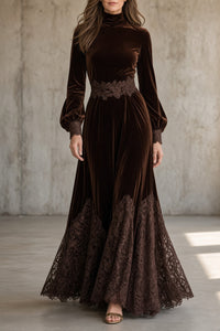 Monica™ | Samt-Maxikleid mit Spitzentaille und Stehkragen