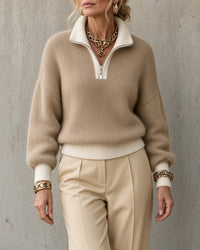 Monica™ | Strickpullover mit Troyerkragen und Kontrastblenden