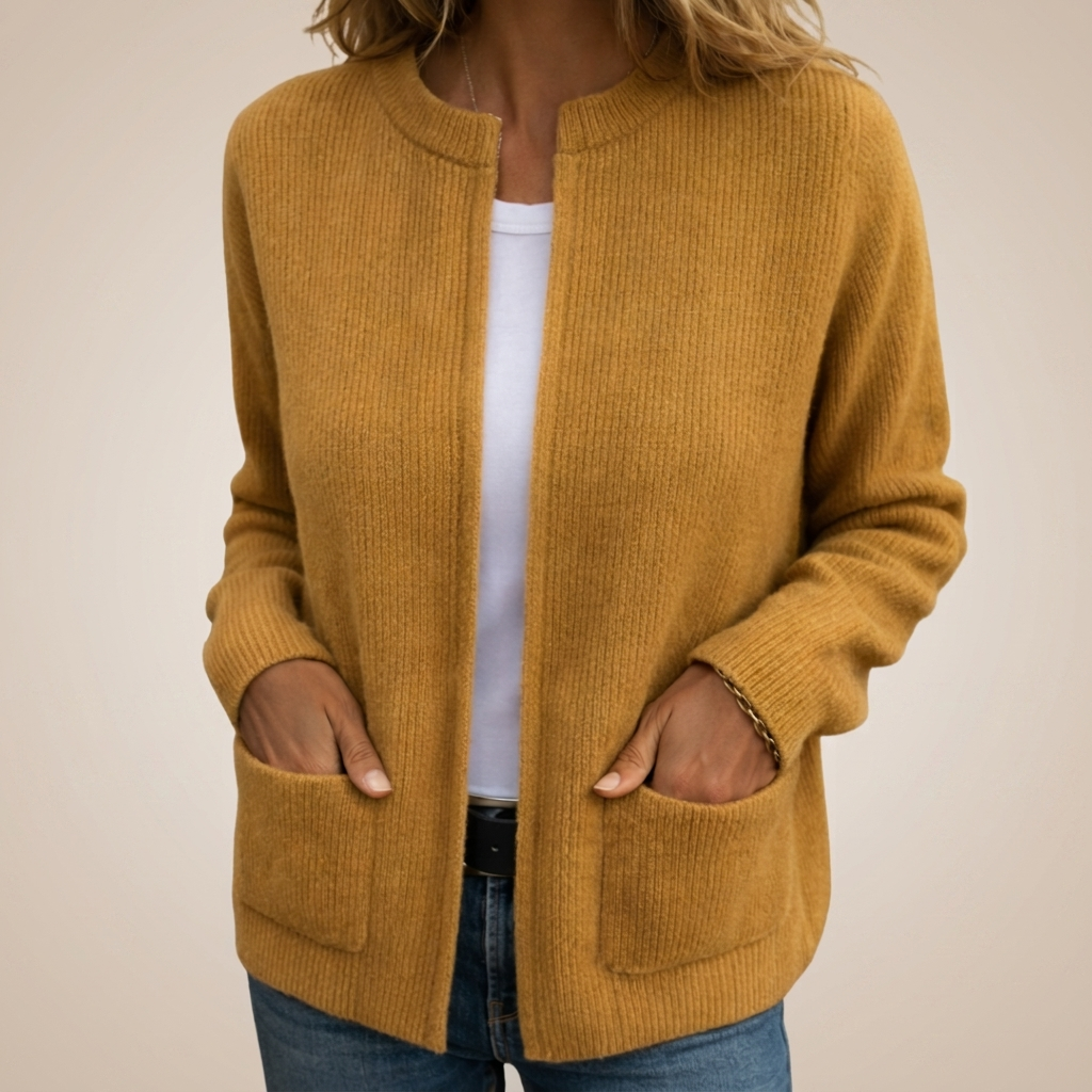 Colette offene Strickjacke in Senfgelb