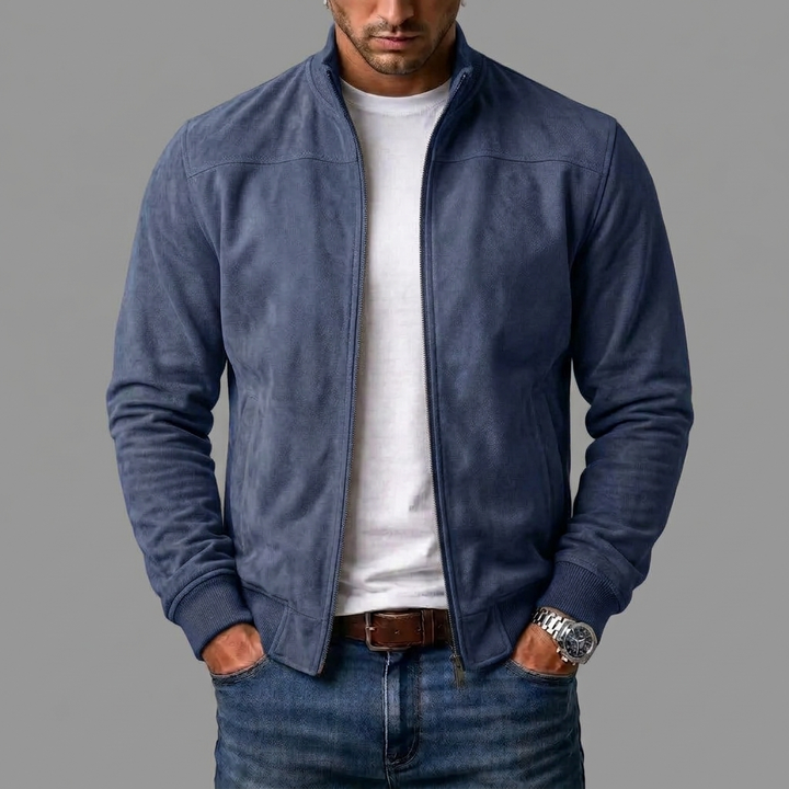 Blouson in Wildlederoptik mit Stehkragen und Rippbündchen, Farbe Dunkelblau