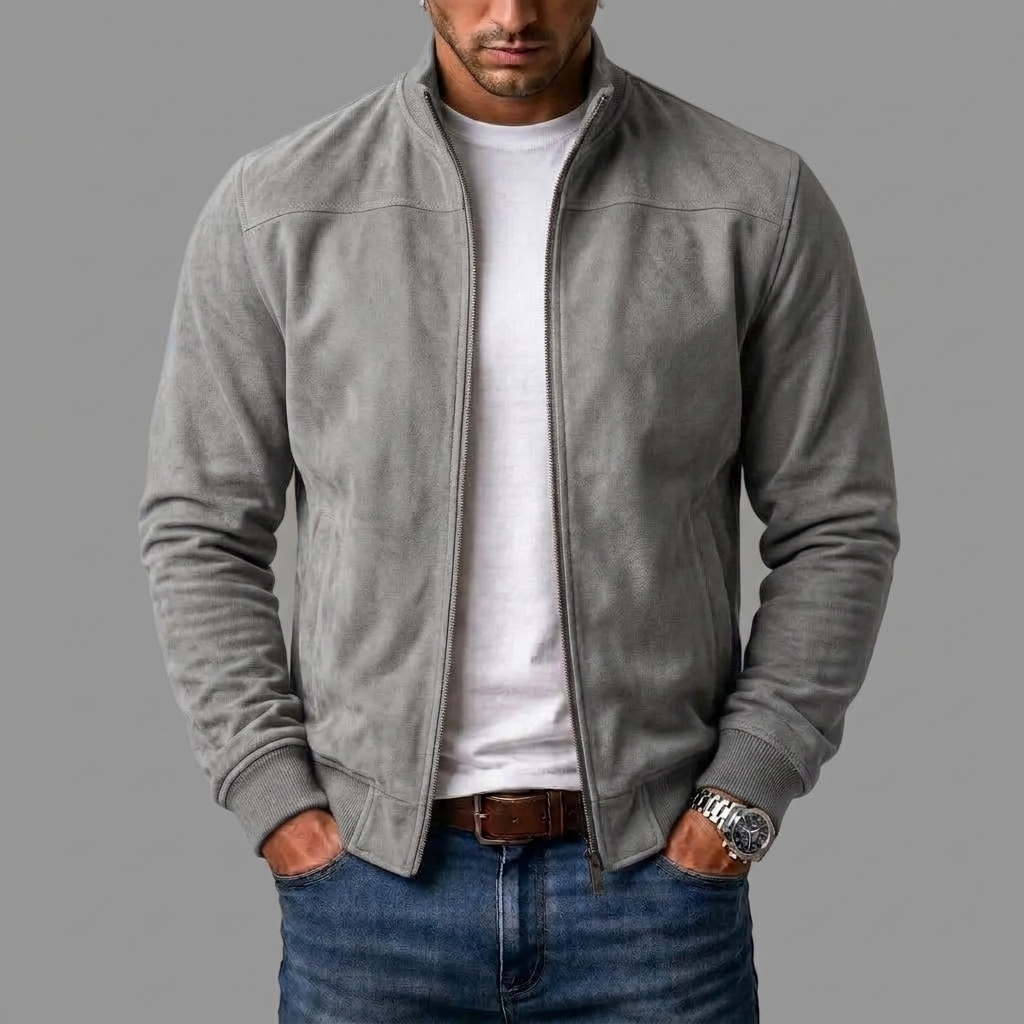 Blouson in Wildlederoptik mit Stehkragen und Rippbündchen, Farbe Grau