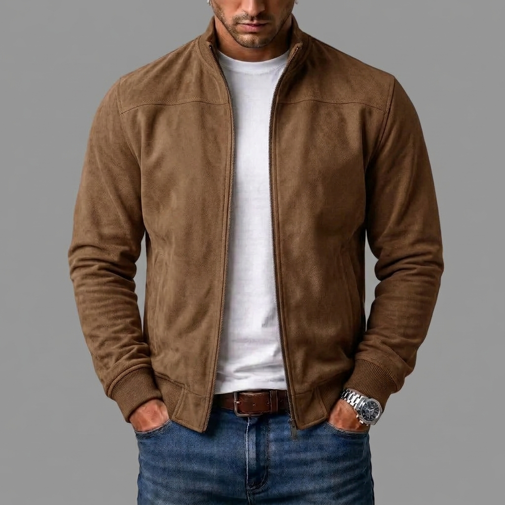 Blouson in Wildlederoptik mit Stehkragen und Rippbündchen, Farbe Braun