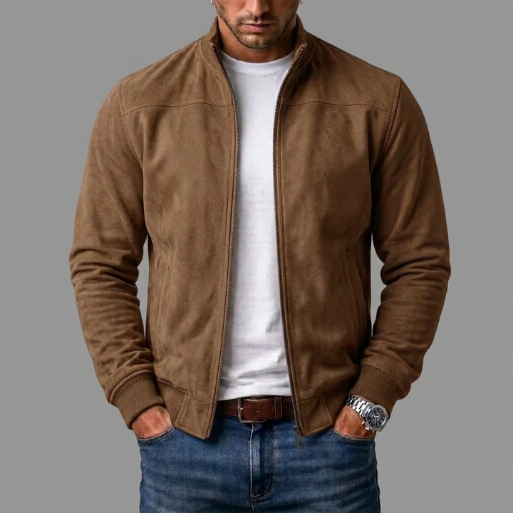 Blouson in Wildlederoptik mit Stehkragen und Rippbündchen, Farbe Braun