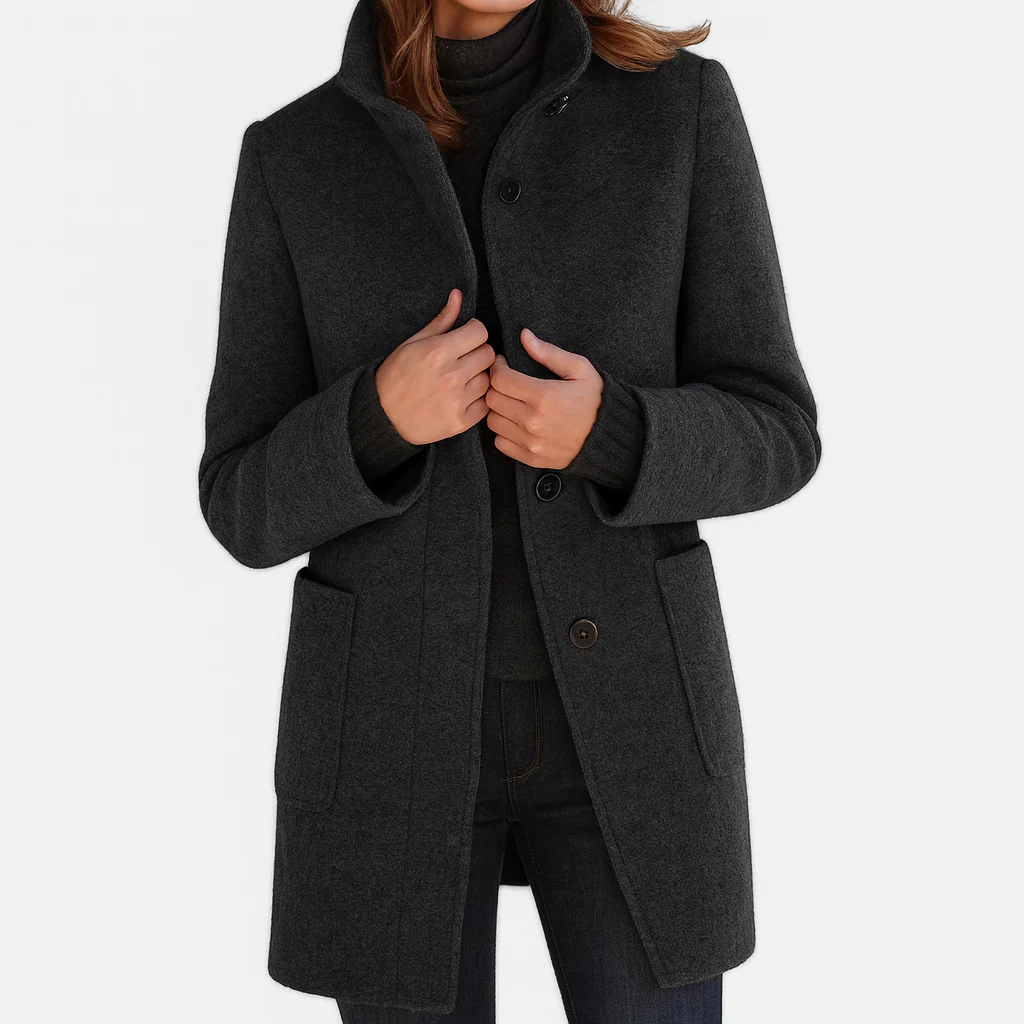 Midi-Mantel mit Stehkragen und aufgesetzten Taschen, Farbe Schwarz