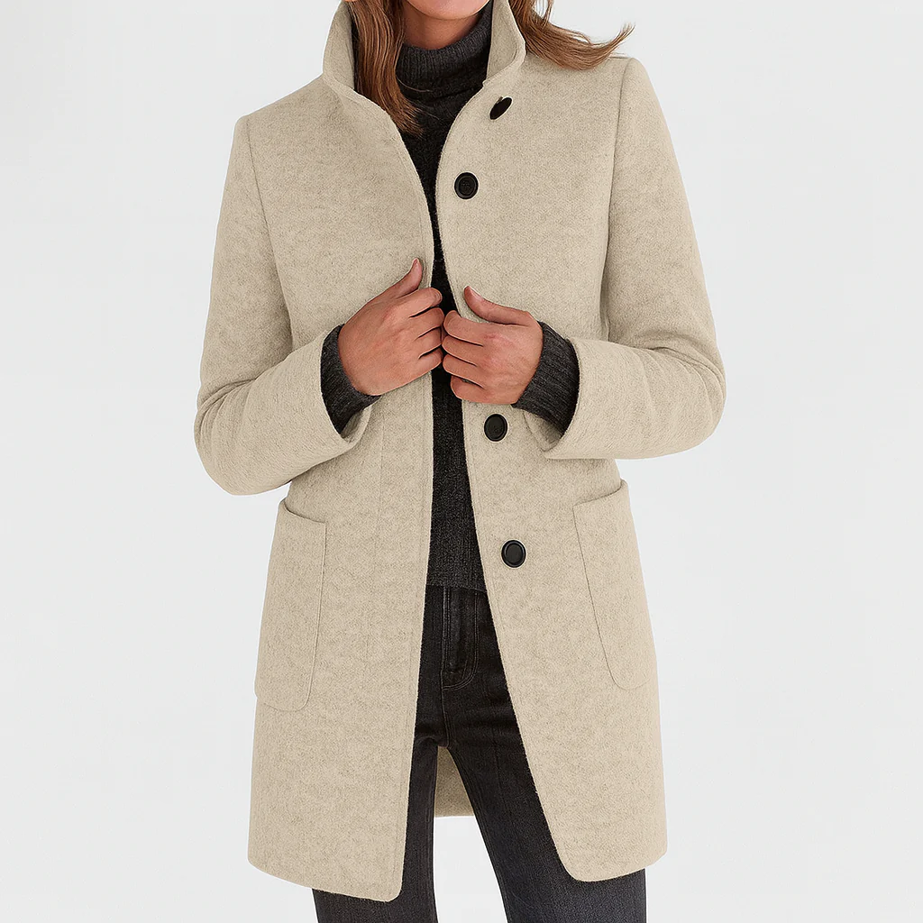 Midi-Mantel mit Stehkragen und aufgesetzten Taschen, Farbe Beige