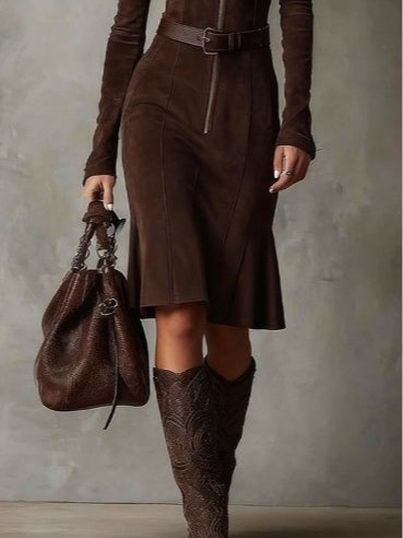 Willow Midikleid in Braun – Rockpartie mit glockig ausgestelltem Saum