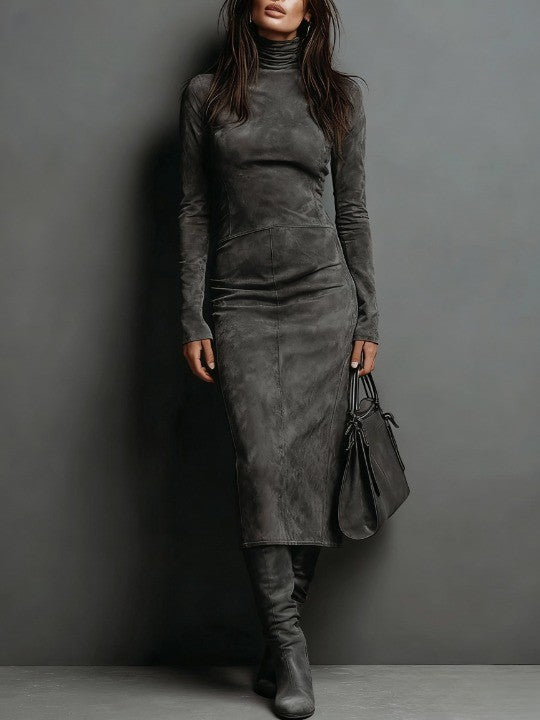 Sophie Rollkragen-Midikleid in Anthrazit in Wildlederoptik