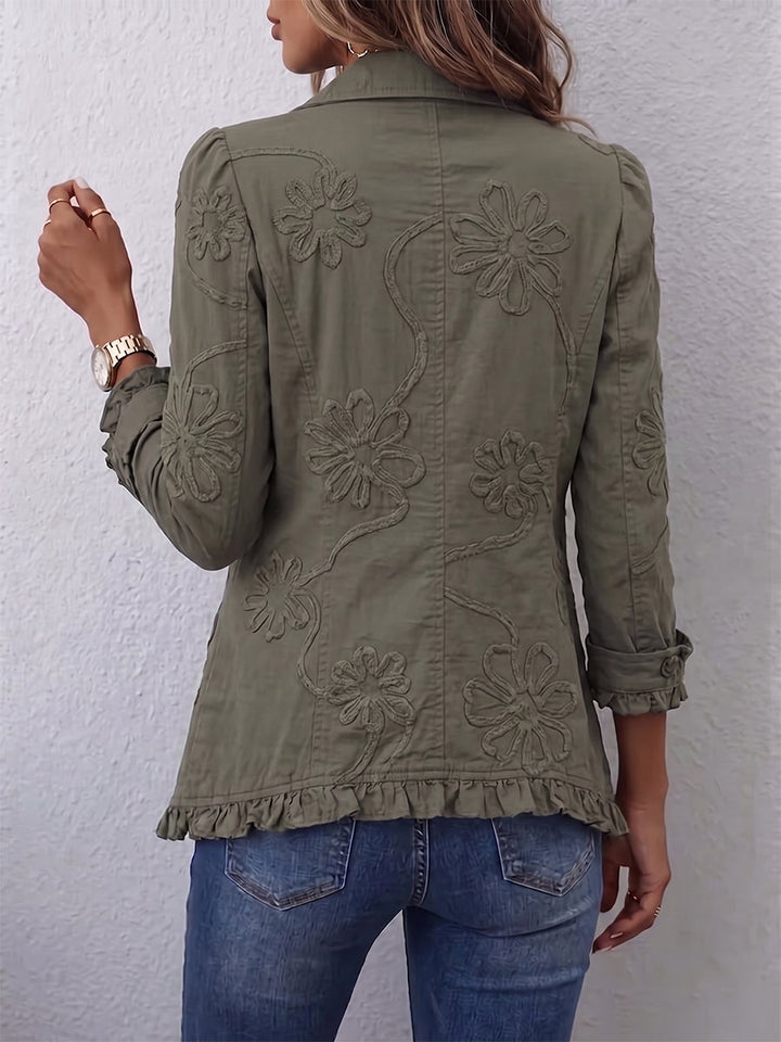 Faustine™ Utility-Jacke in Olivgrün – Rückenansicht mit Stickerei und Rüschensaum