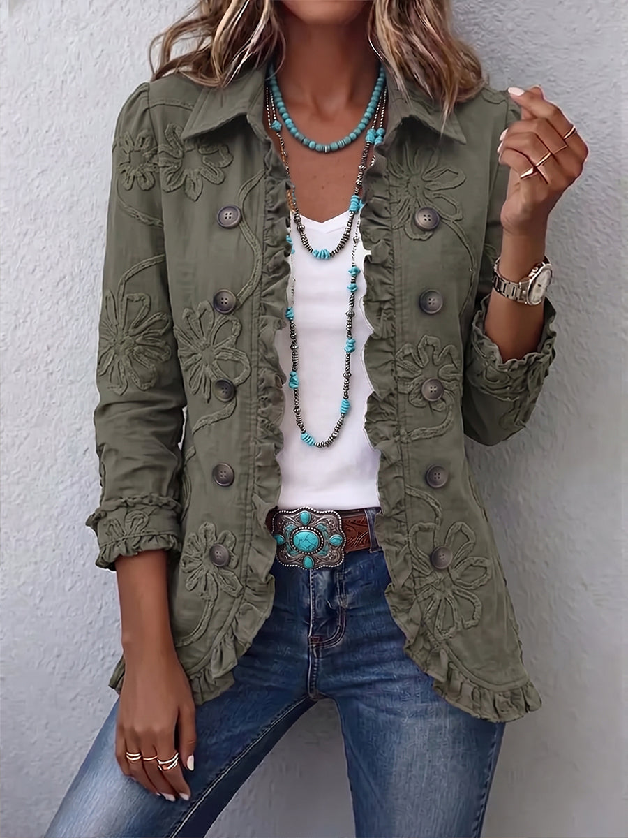 Faustine™ Utility-Jacke mit Blumenstickerei in Olivgrün – Vorderansicht