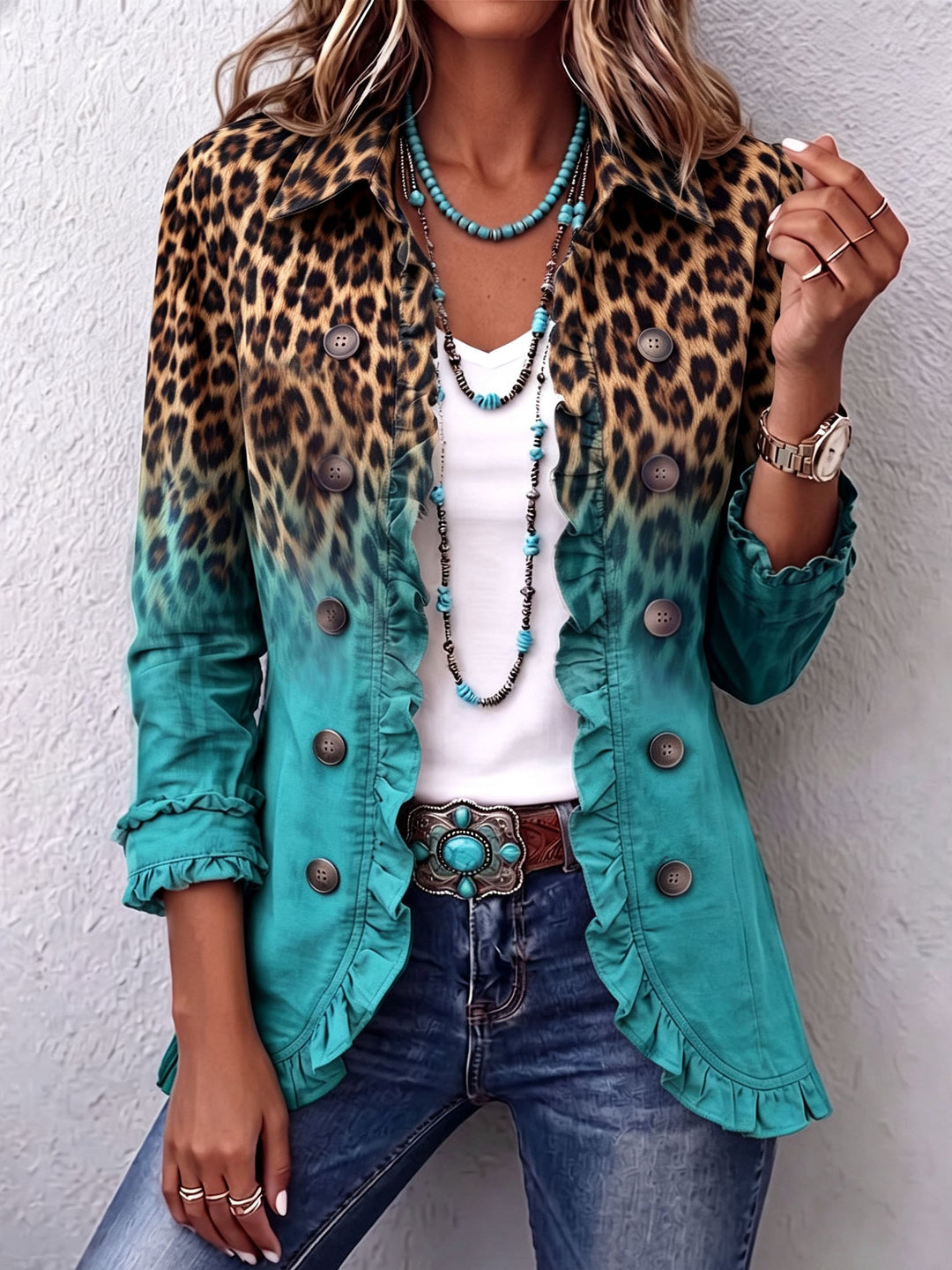 Cassandre™ Jacke mit Leoparden-Farbverlauf in Türkis – Vorderansicht