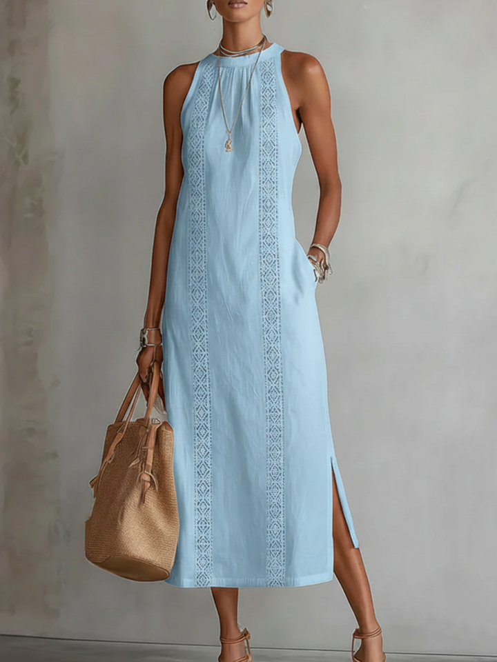 Jimena Leinen-Midikleid mit Mao-Kragen in Blau