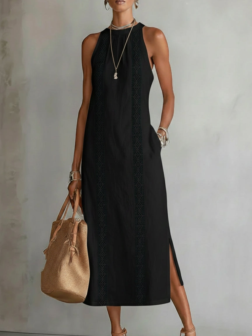 Jimena Leinen-Midikleid mit Mao-Kragen in Schwarz