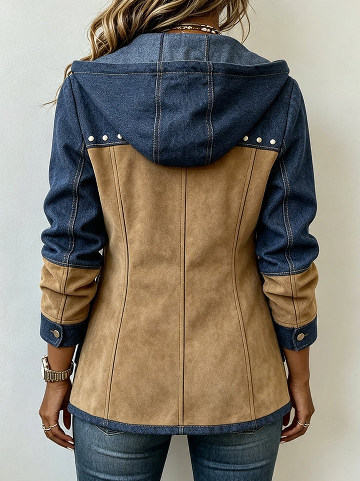 Véronique™ Kapuzenjacke in Marineblau/Kamel, Rückansicht